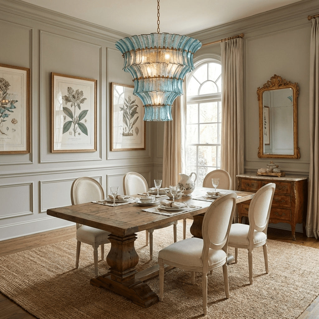 The Fontana chandelier shown in the smoky gray glass color option.
