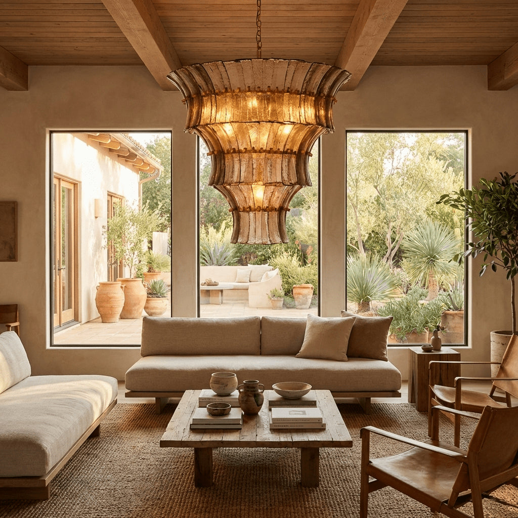 The Fontana chandelier illuminated, casting a warm glow in a dark room.