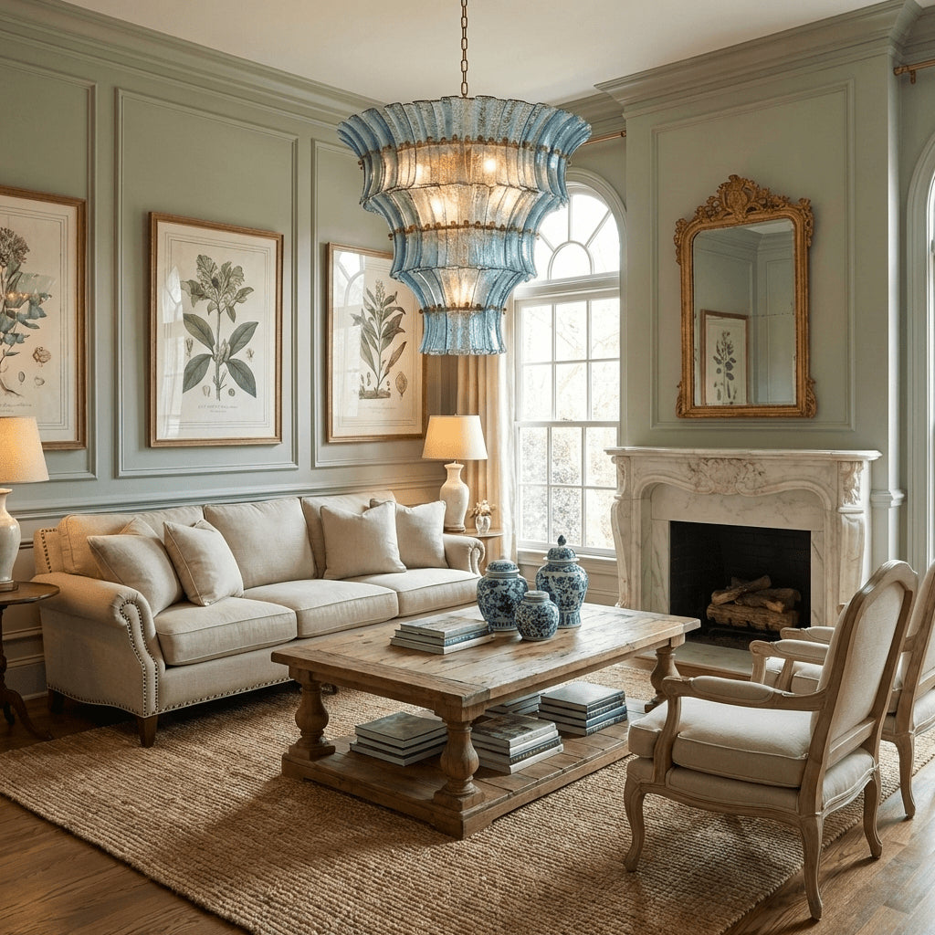 The Fontana chandelier shown in the optional pink glass color.
