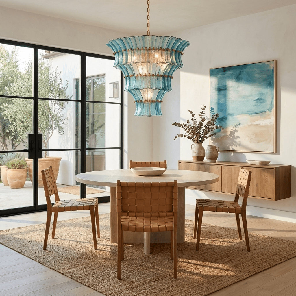 The Fontana chandelier shown in the optional blue glass color.