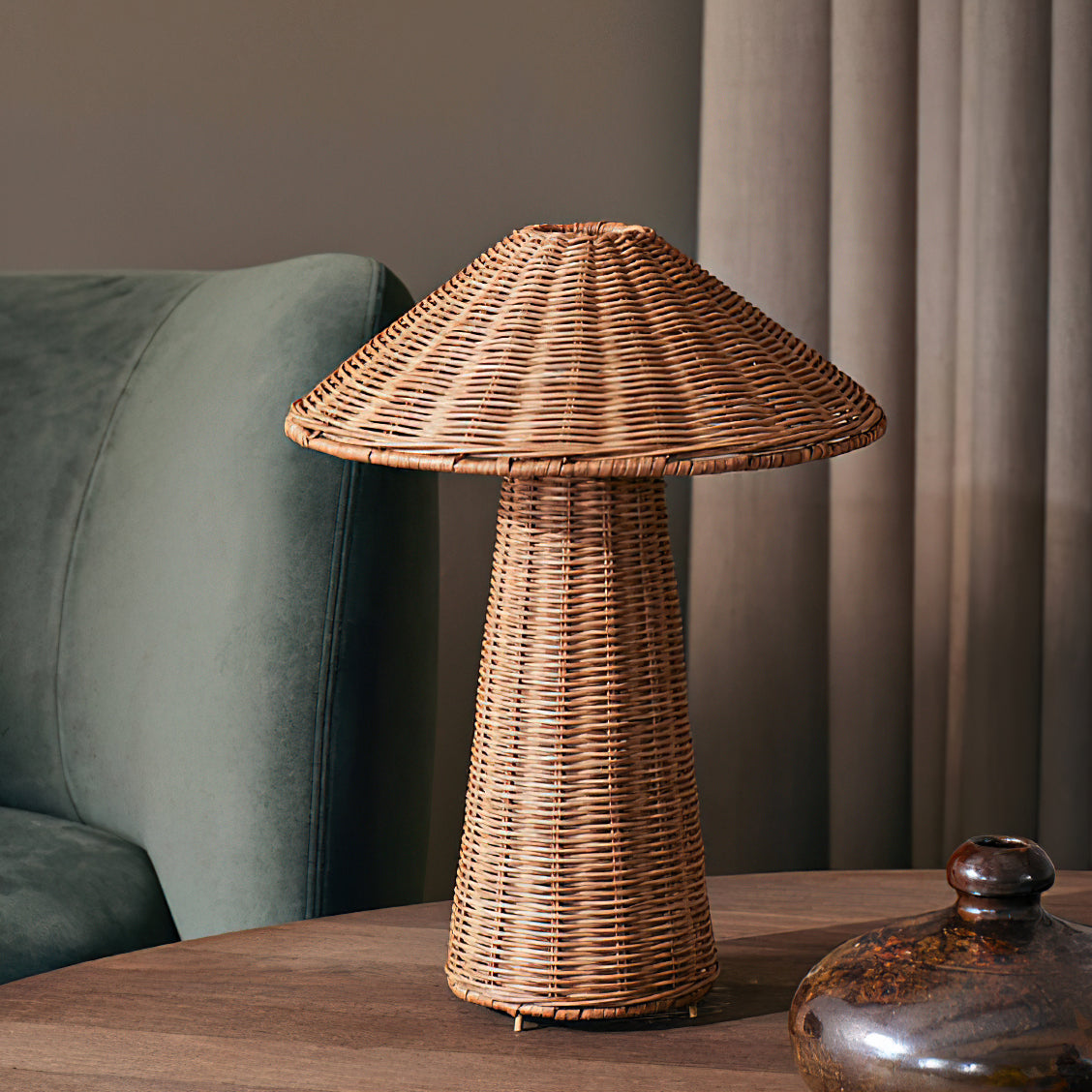 Close-up of the woven rattan texture of the Freya Table Lamp shade.