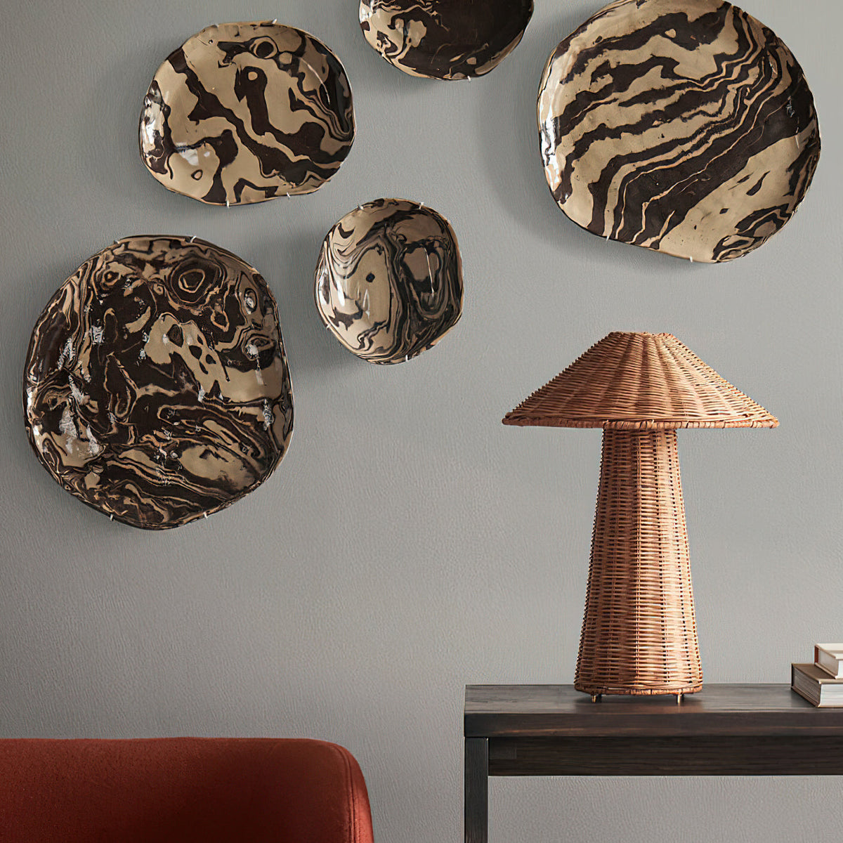 Freya Table Lamp shown lit, casting a warm, ambient glow in a dark room.