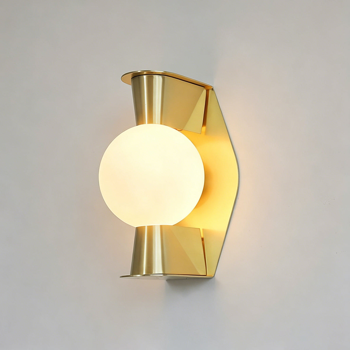 Close-up view of the Gale Globe Wall Sconce showing the opal glass orb and metal shield.