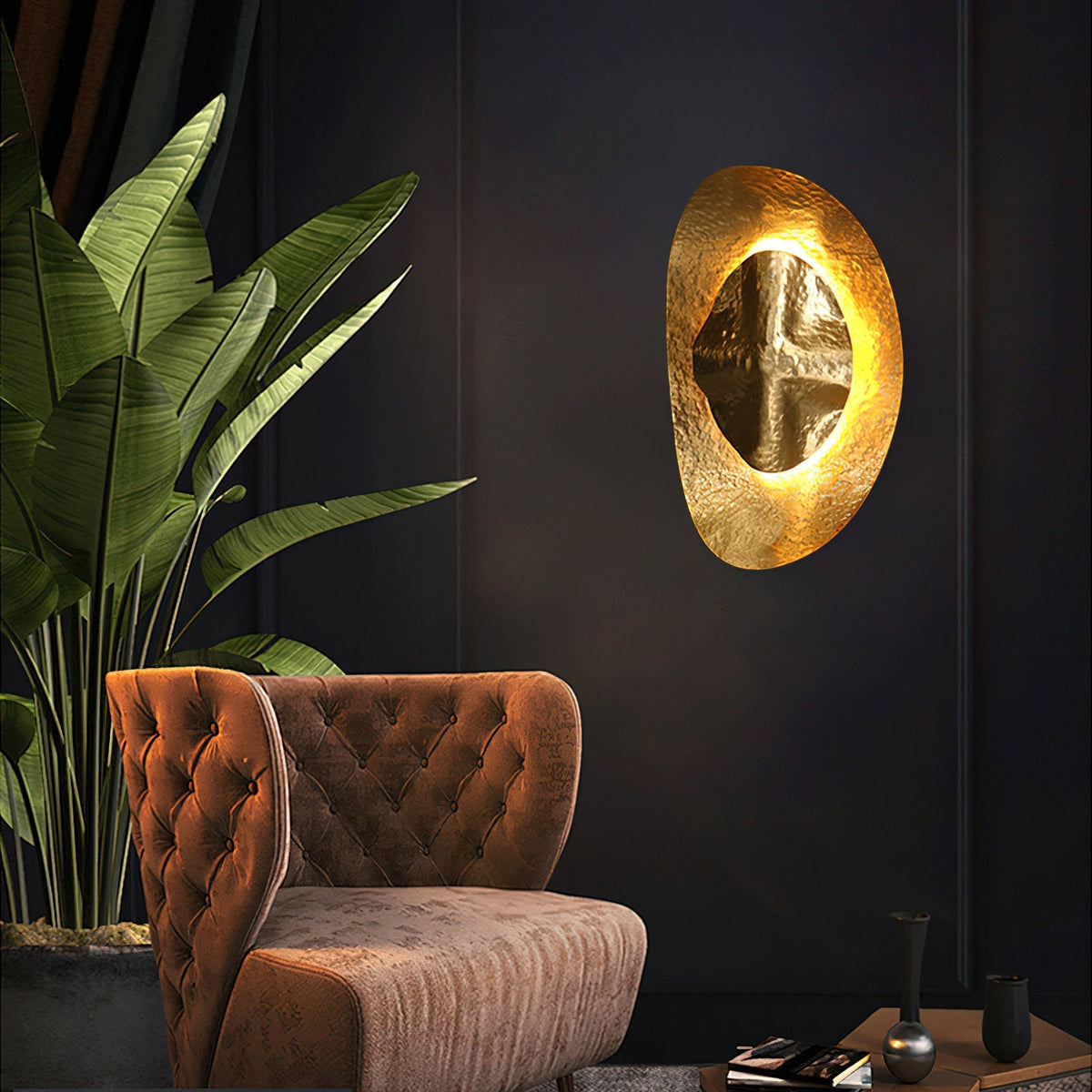 The Helios sconce shown above a wooden console table.