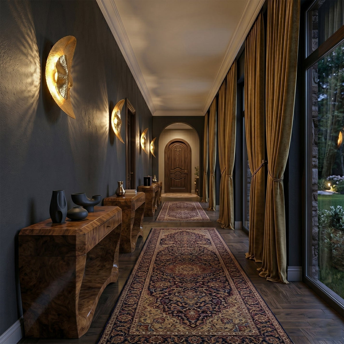 Lifestyle image showing the Helios sconce next to a fireplace.