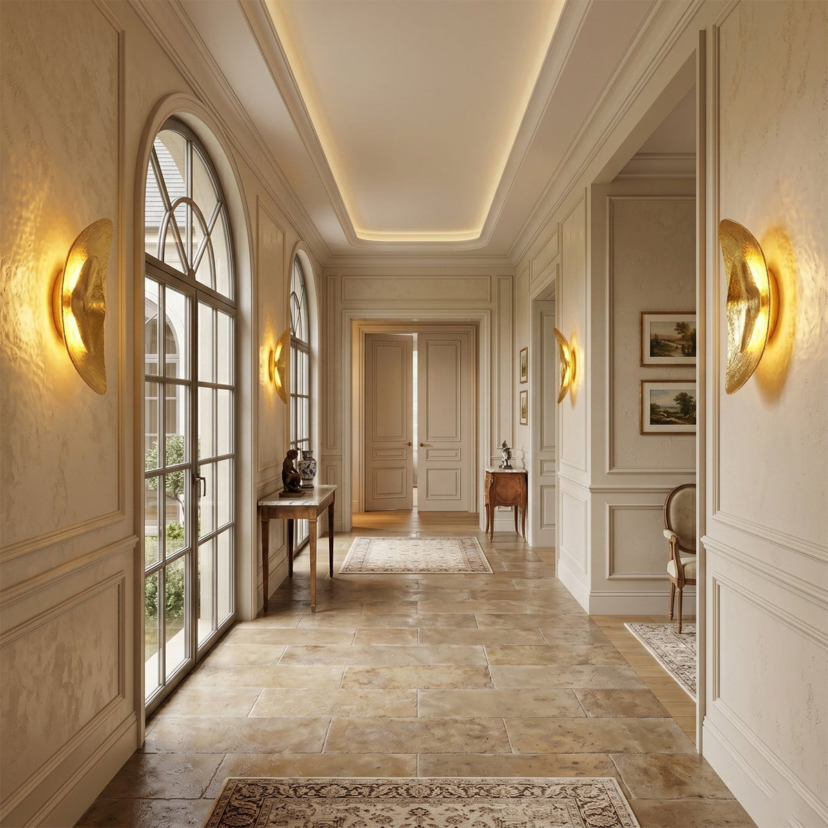 Helios Hammered Brass Sconce providing accent lighting in a hallway.