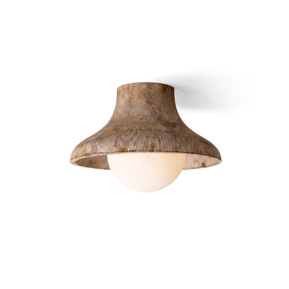 Hollis Fluted Flush Mount with wood frame and glass shade.