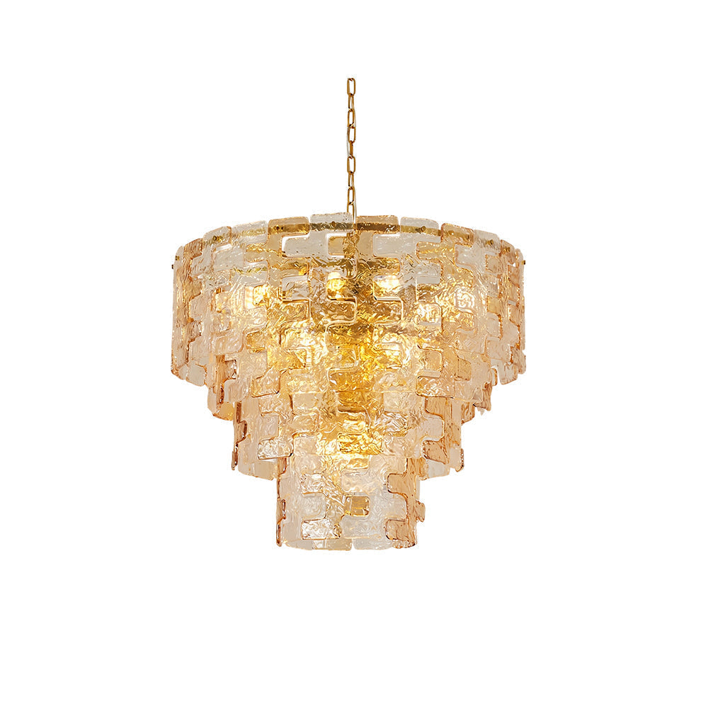 Jigsaw Glass Chandelier with tiered amber and clear glass panels.