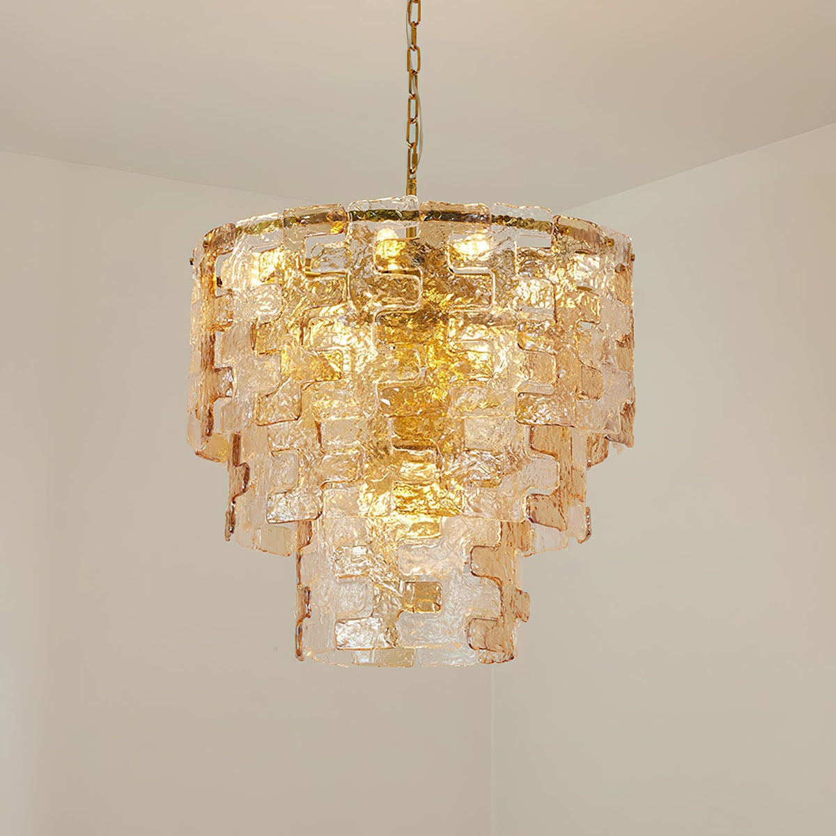 The Jigsaw Chandelier shown against a neutral wall to emphasize its design.