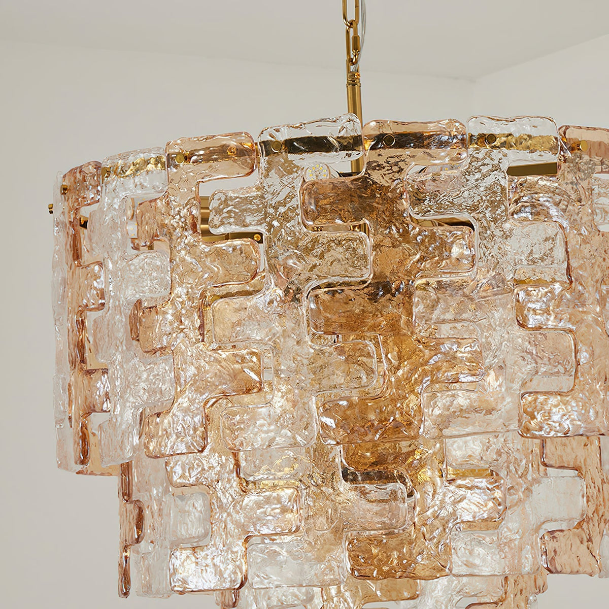 Angled view showcasing the multiple tiers of the Jigsaw Glass Chandelier.