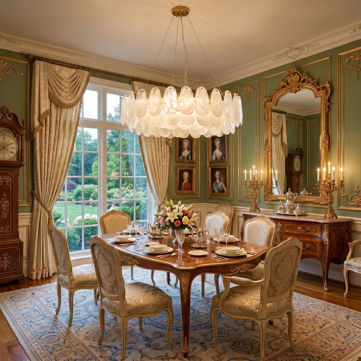 The Leon Chandelier shown in a modern living room setting, providing soft ambient light.