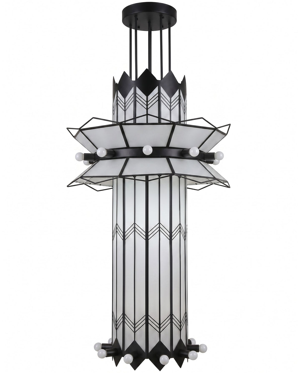 Product dimensions and size specifications for the Manhattan Ziggurat Tiered Chandelier.
