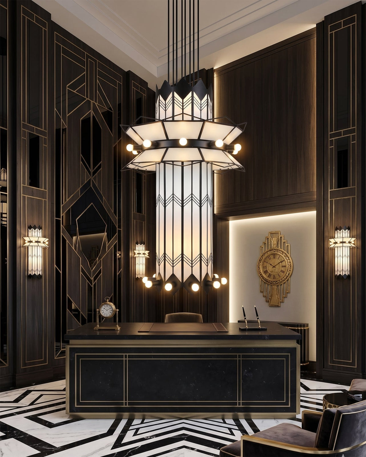 The Manhattan Ziggurat Chandelier shown in a black finish in a modern living space.
