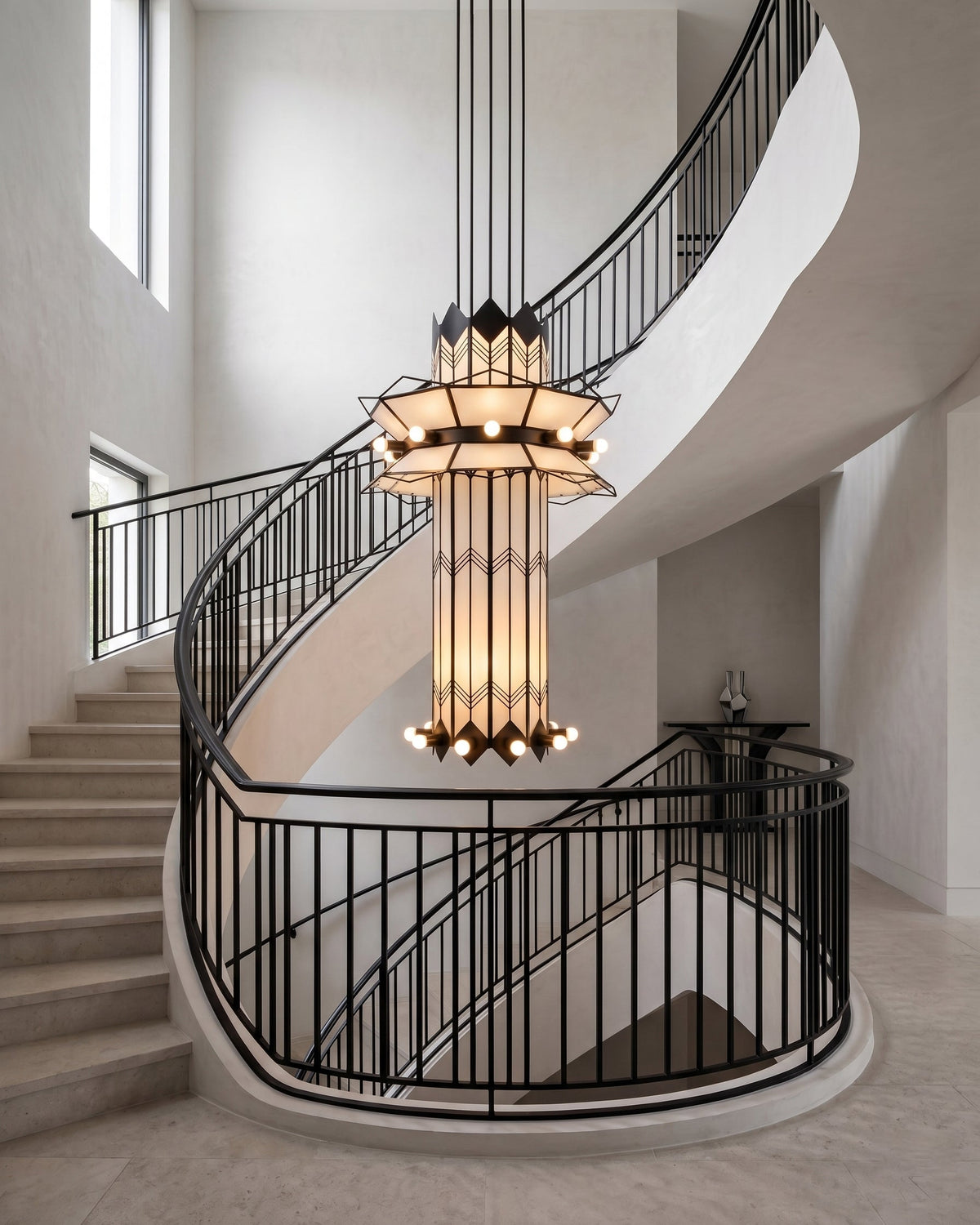 Detail of the metal construction and bulb housing on the tiered chandelier.