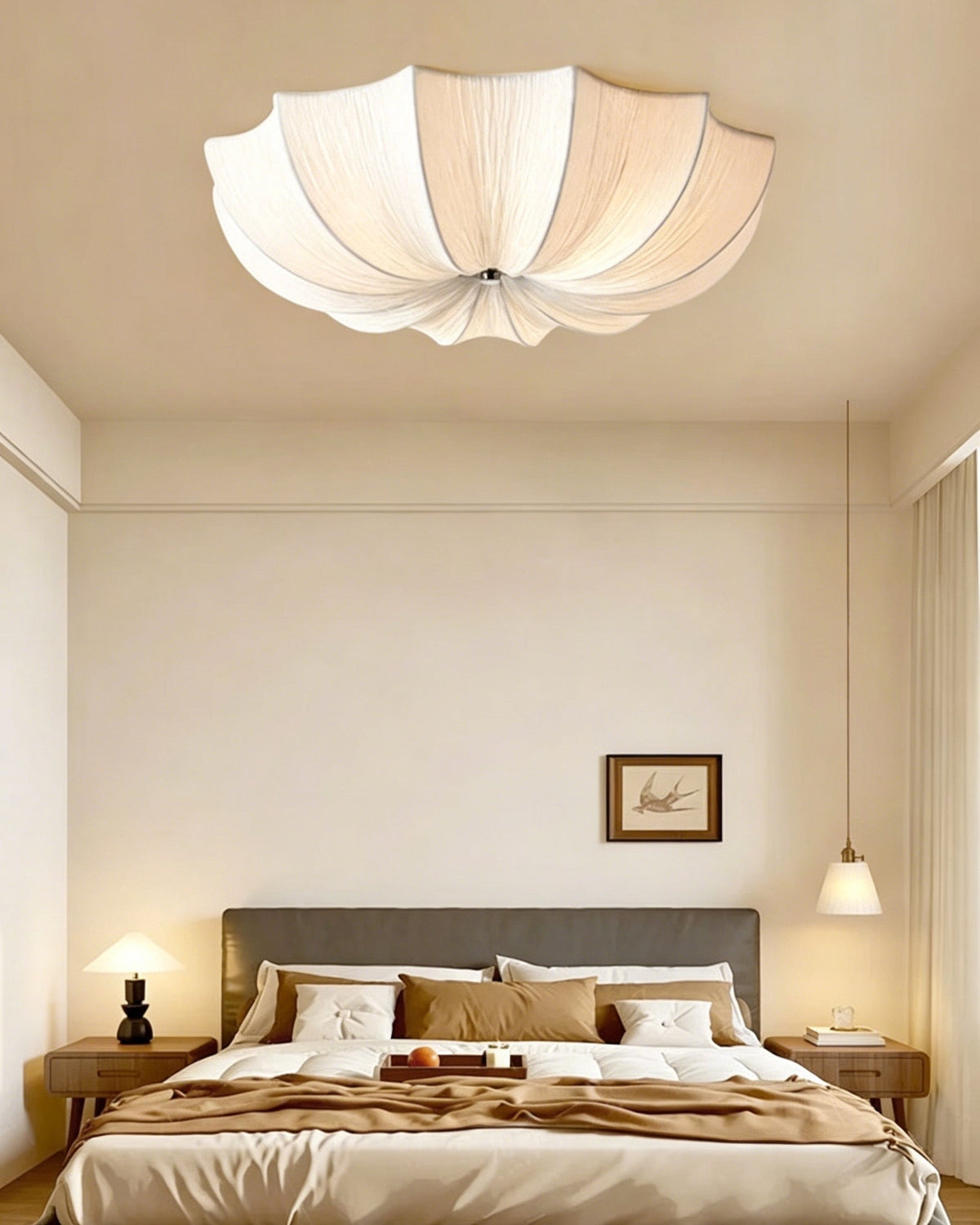 Margot Pleated Flush Mount installed in a romantic-style primary bedroom.