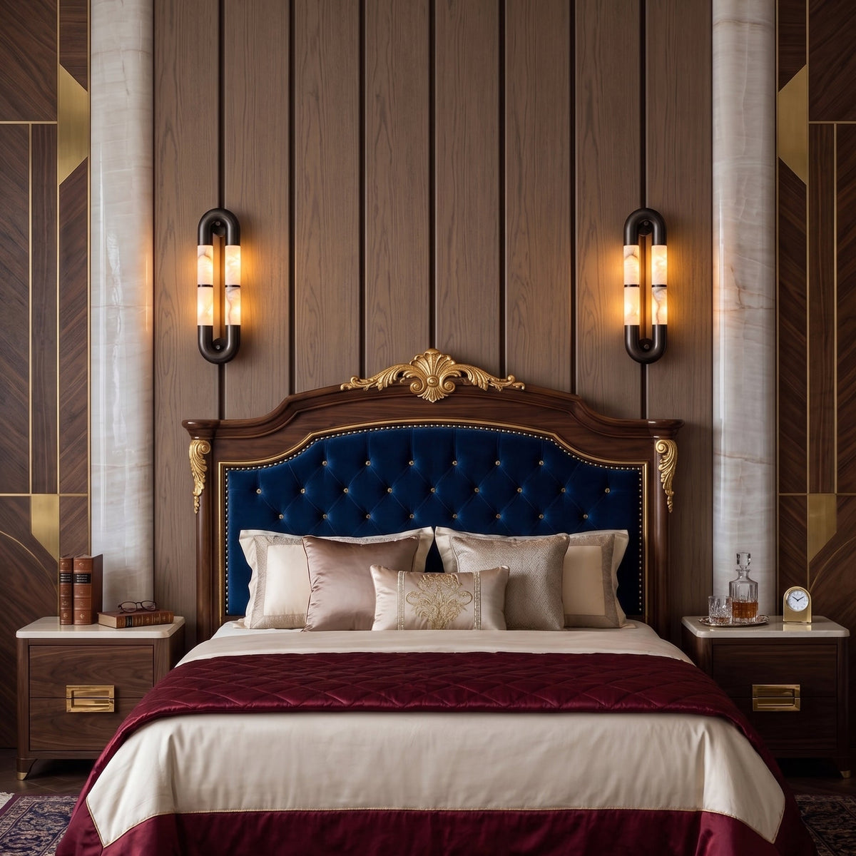 The Mirabelle wall sconce illuminated, casting a warm glow.