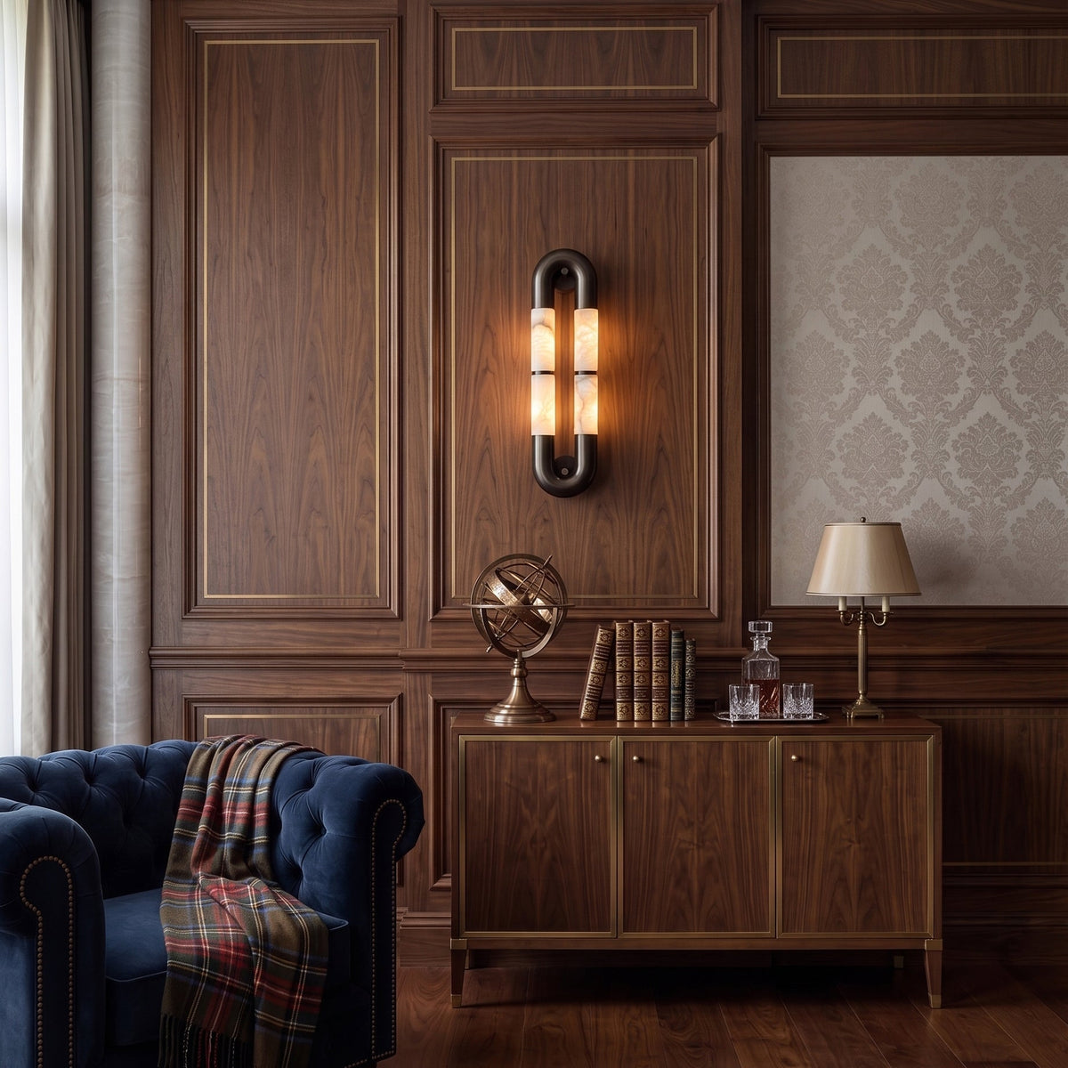 Front view of the Mirabelle Alabaster Wall Sconce in a black finish.