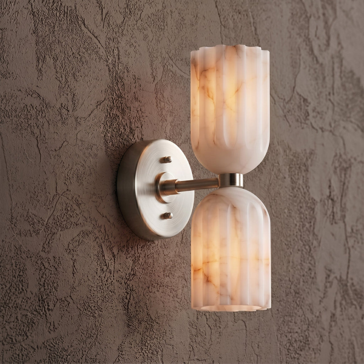 Angled view of the wall sconce, displaying both the shade and backplate.