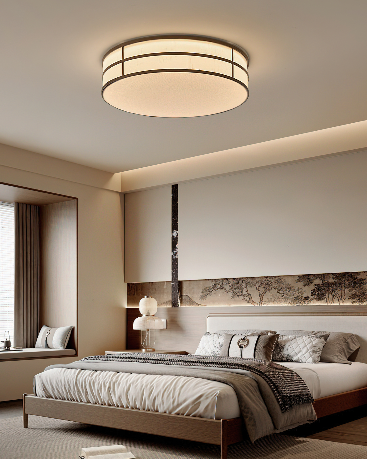 Close-up of the Ray LED Flush Mount's cream linen fabric shade and walnut frame.