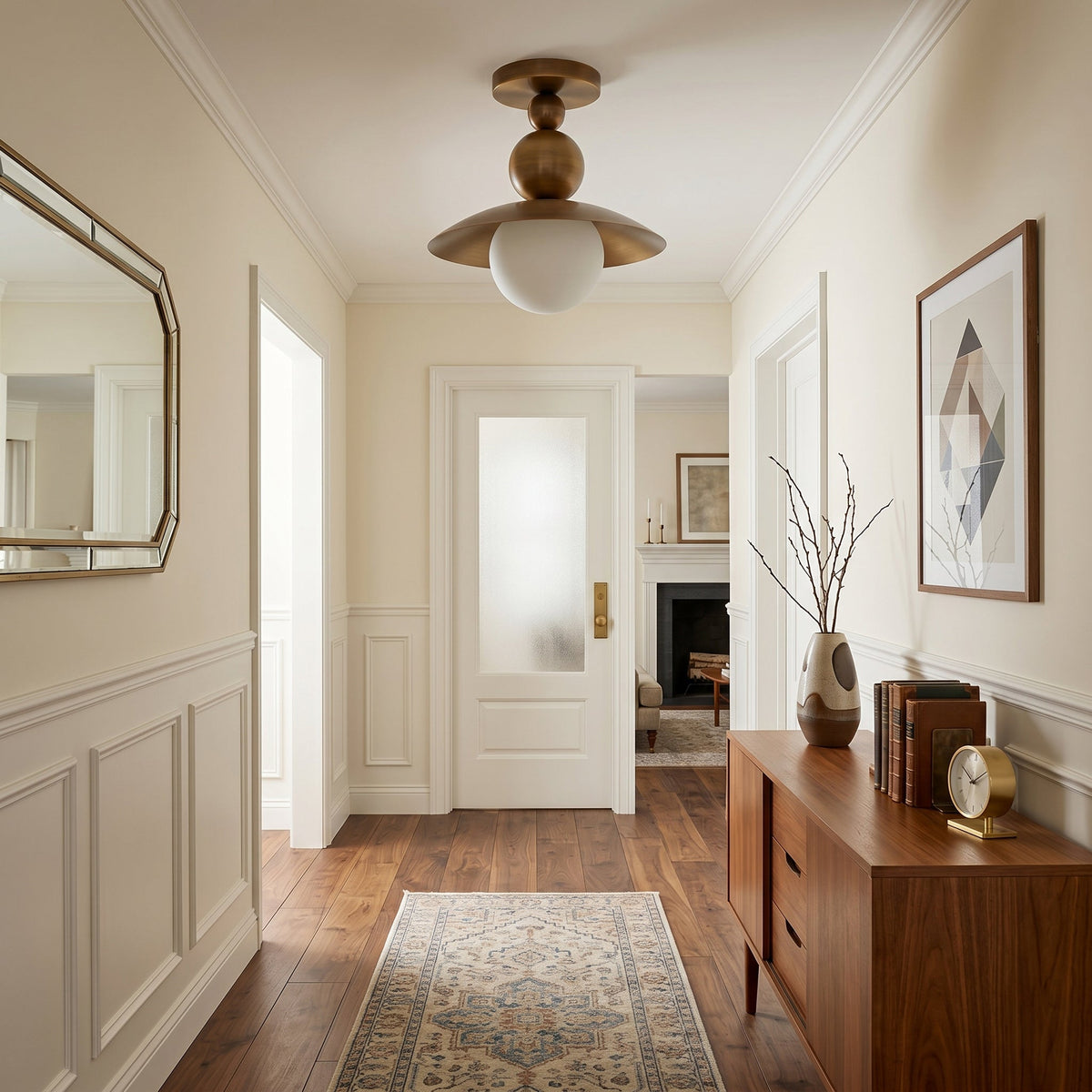 Sasco Flush Mount in a modern hallway setting.