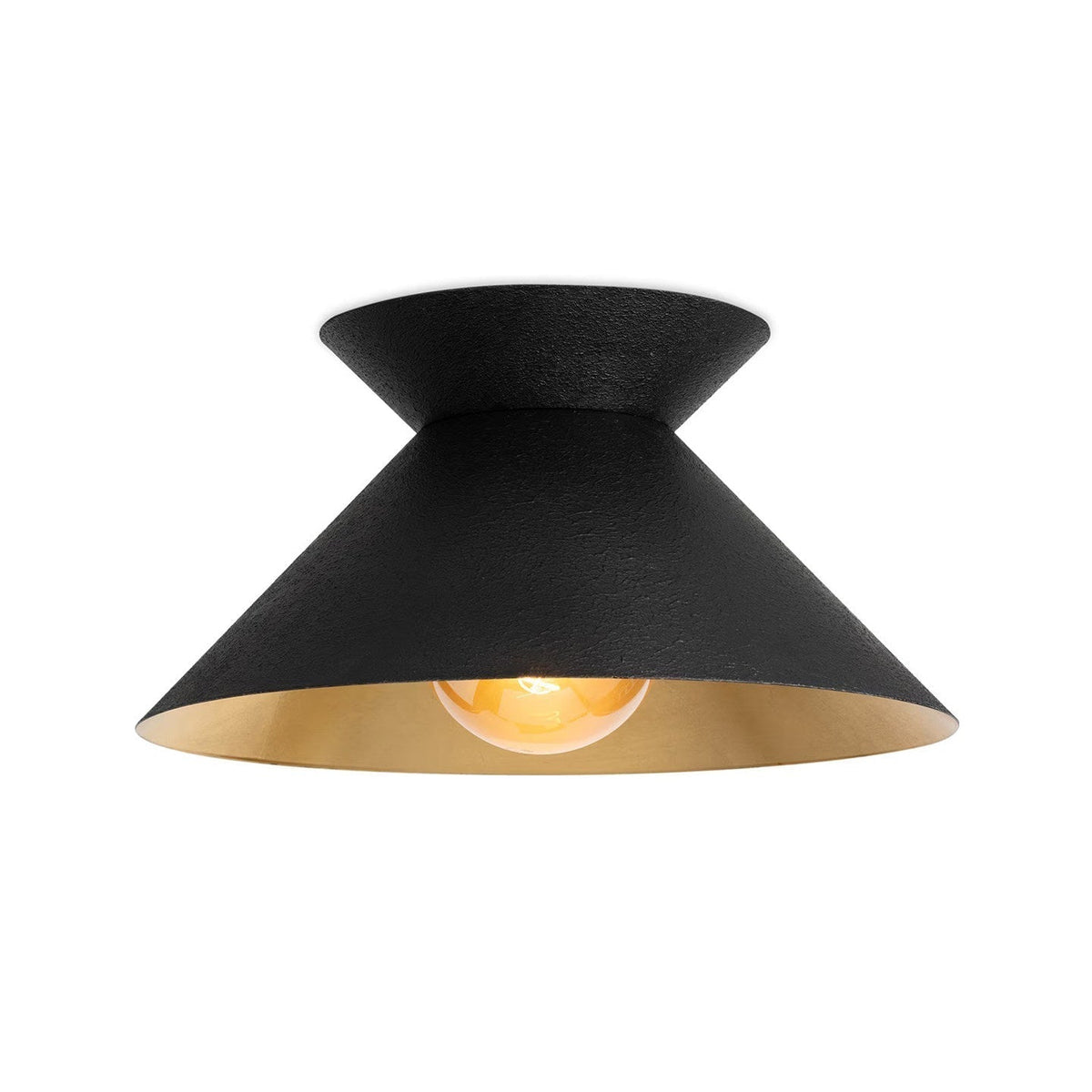 Close-up view of the Stellan Cone Flush Mount, highlighting its metal construction and diabolo shape.