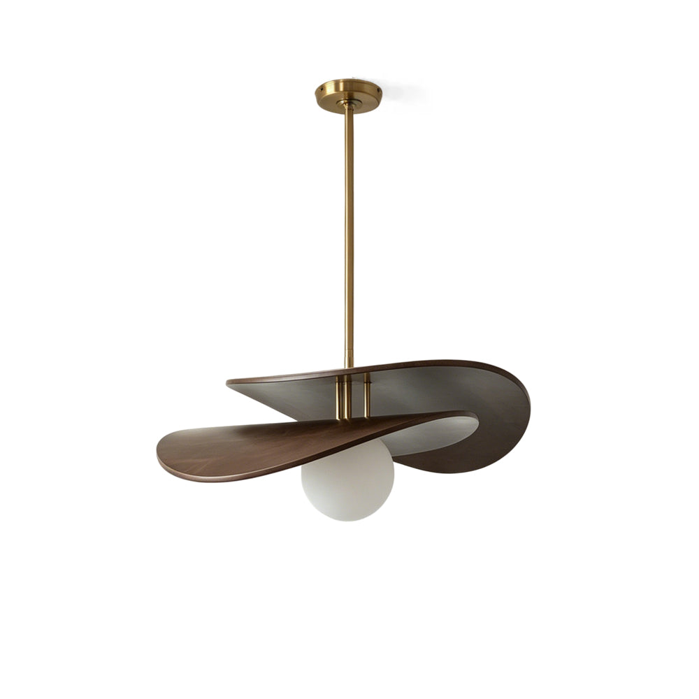 Front view of the Zane walnut and brass pendant light against a neutral background.