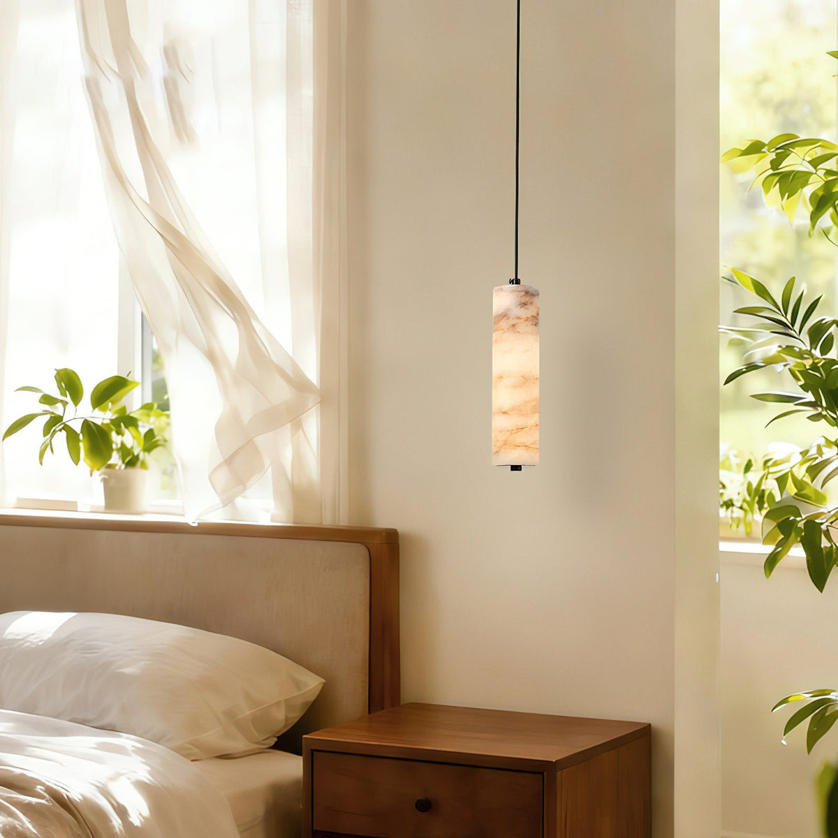Close-up of the natural veining on the Devane Alabaster Pendant Light shade.