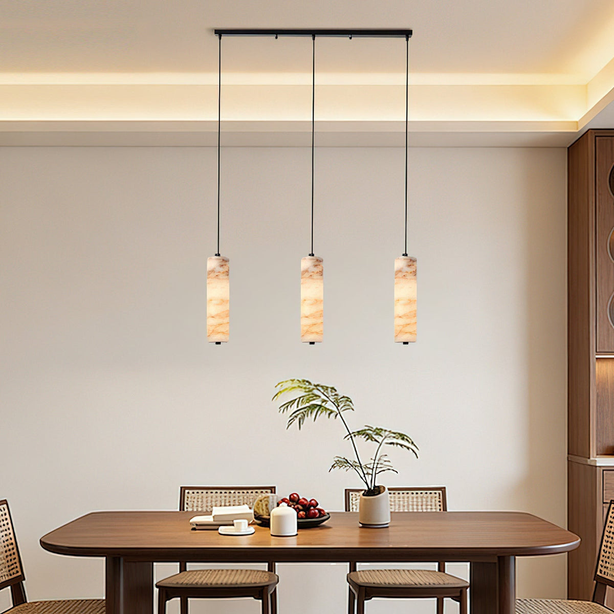 Devane Alabaster Pendant Light used as a stylish bedside hanging light.