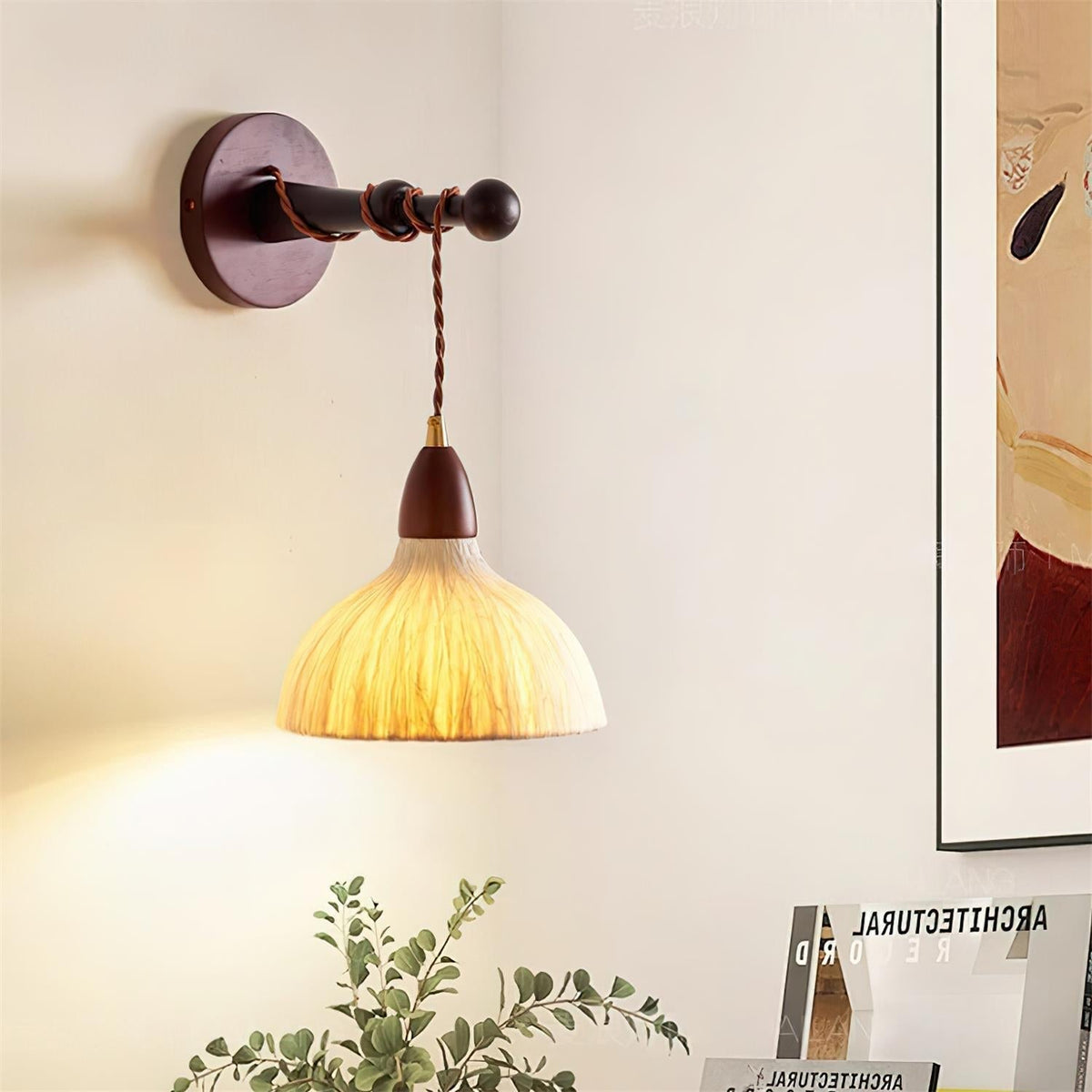 Wall Lamp Rice Paper Shade Wood Arm-Neutral Decor