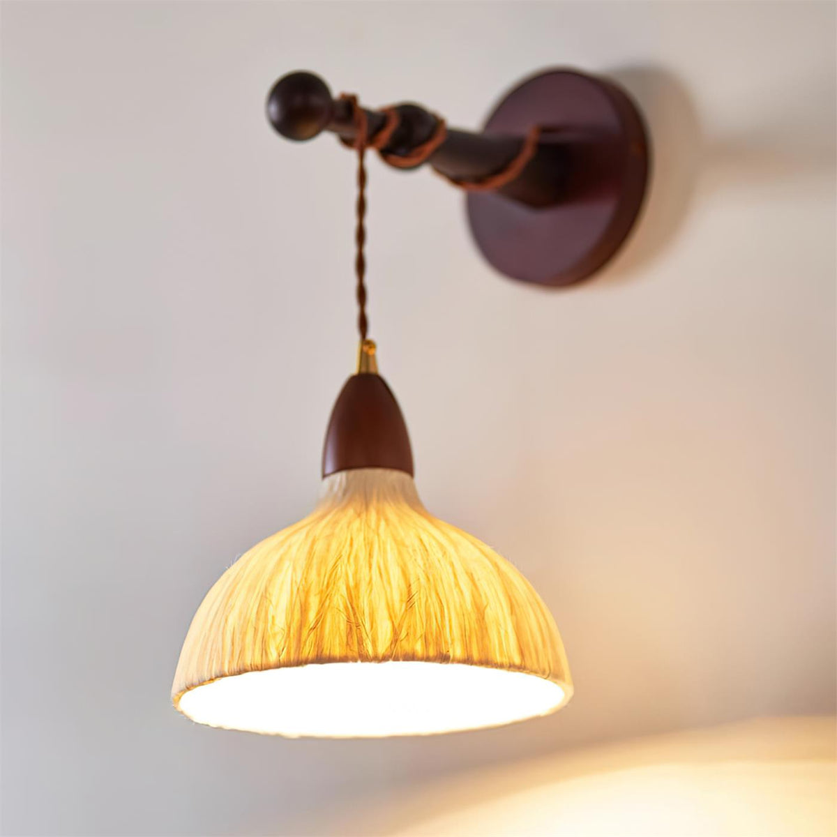 Wall Lamp Rice Paper Shade Wood Arm-Neutral Decor