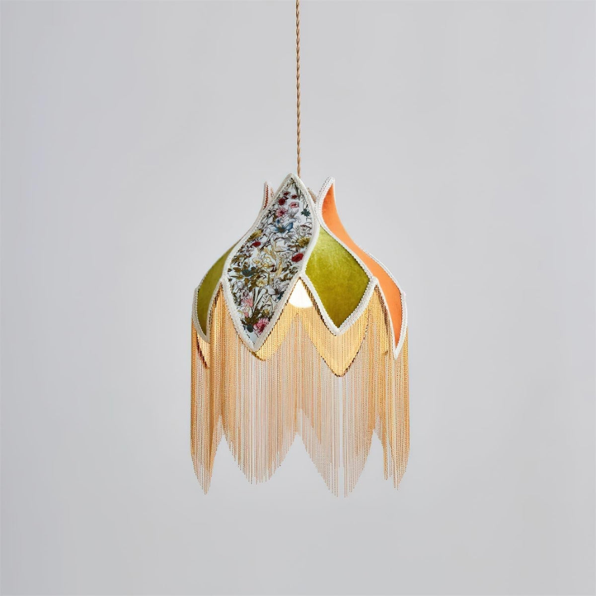 Pendant Lamp with Floral Petal Fabric Shade Fringe Bohemian-Neutral Decor
