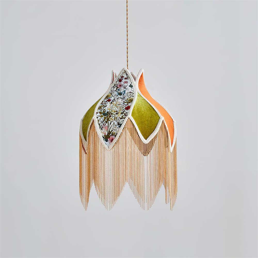 Pendant Lamp with Floral Petal Fabric Shade Fringe Bohemian-Neutral Decor