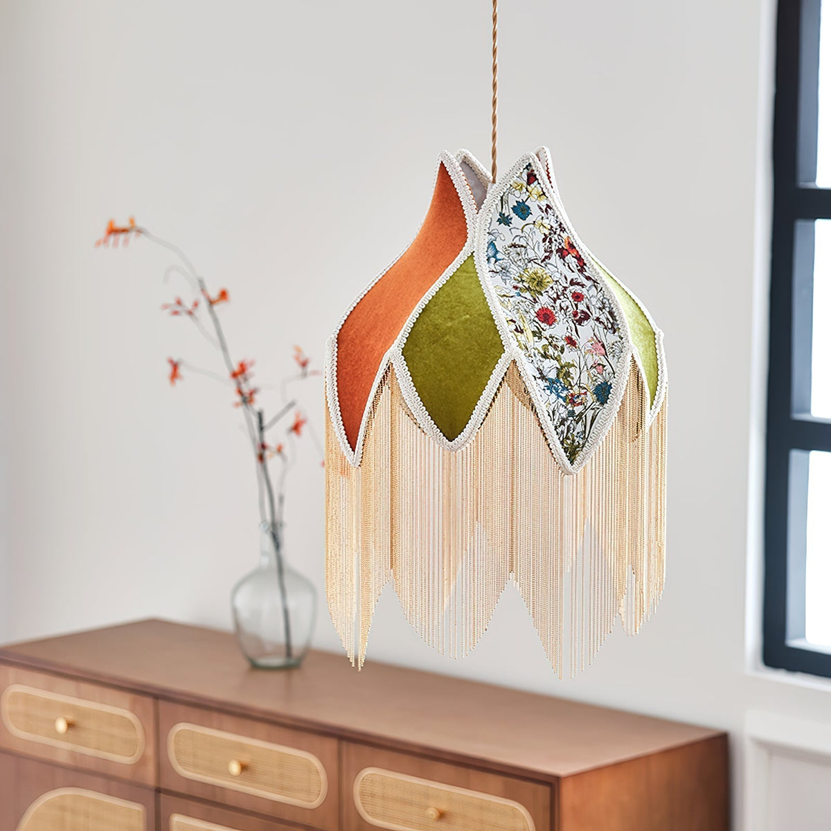 Pendant Lamp with Floral Petal Fabric Shade Fringe Bohemian-Neutral Decor