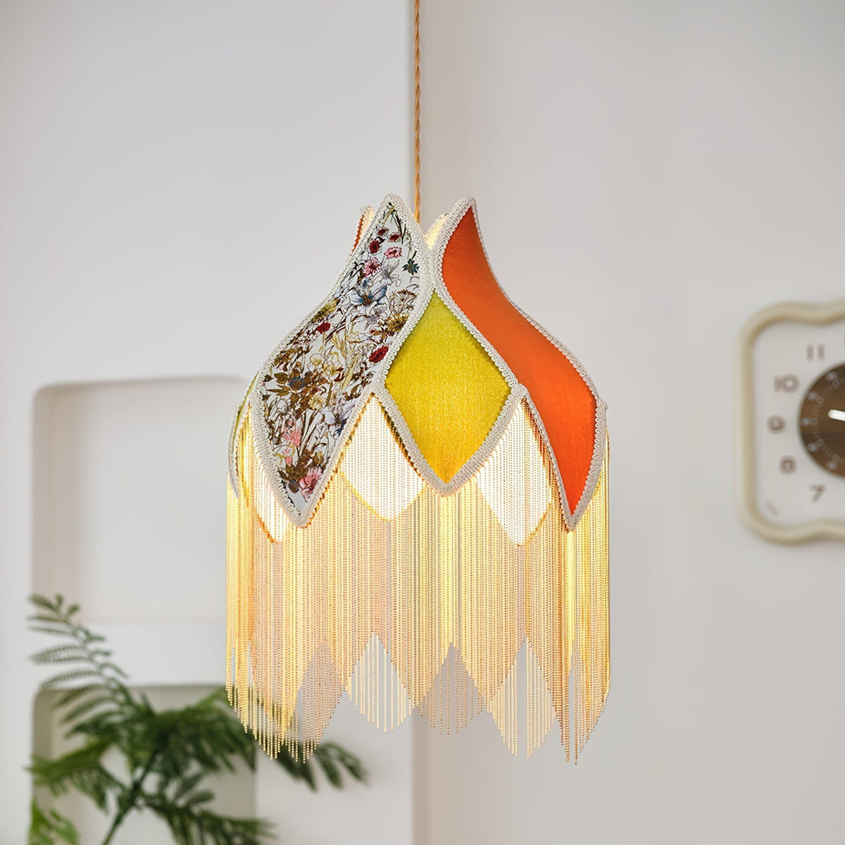 Pendant Lamp with Floral Petal Fabric Shade Fringe Bohemian-Neutral Decor