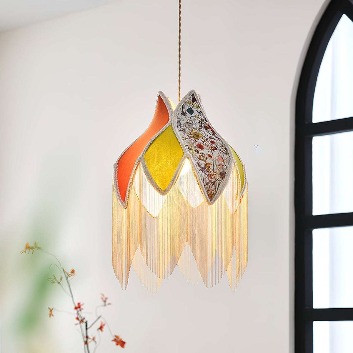 Pendant Lamp with Floral Petal Fabric Shade Fringe Bohemian-Neutral Decor