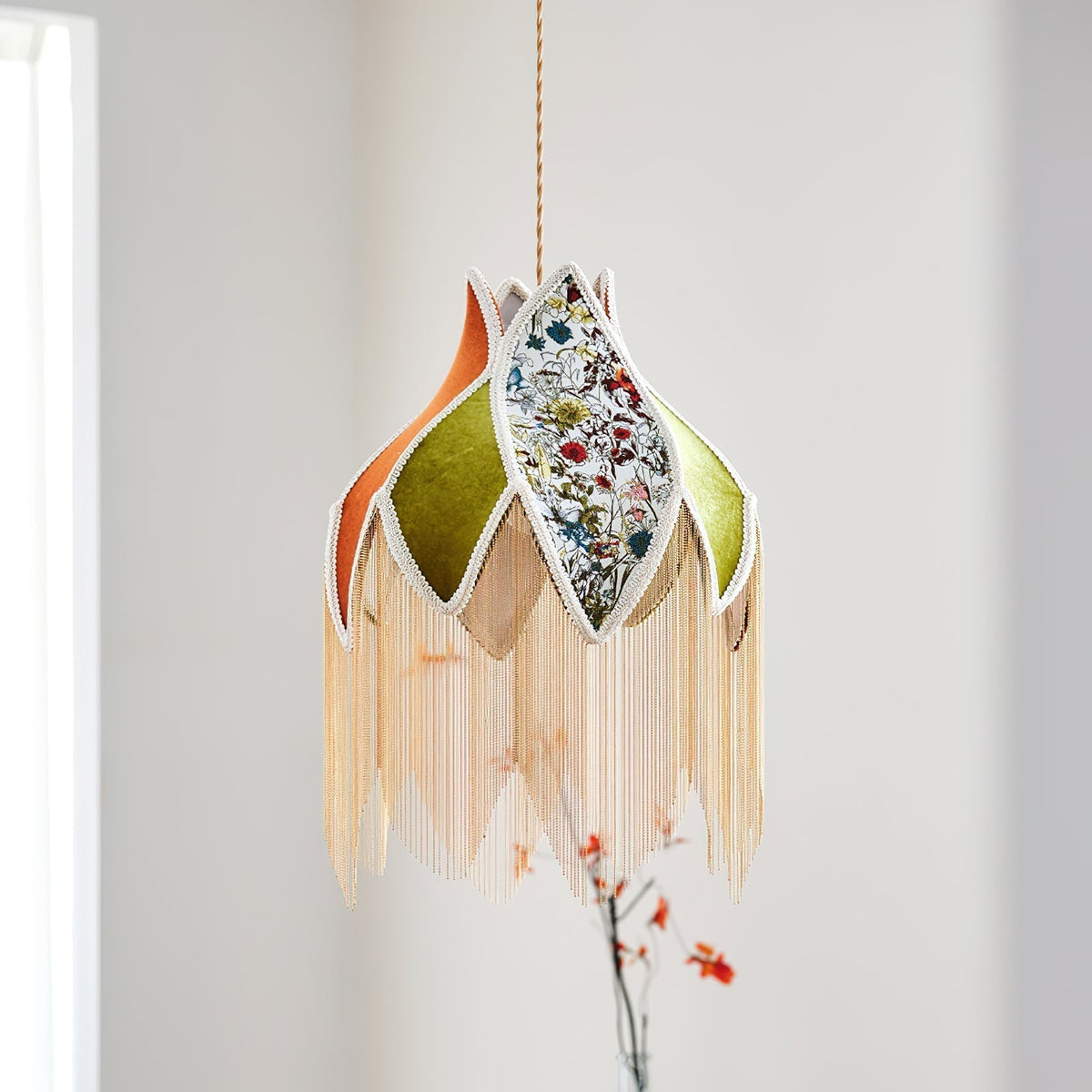 Pendant Lamp with Floral Petal Fabric Shade Fringe Bohemian-Neutral Decor