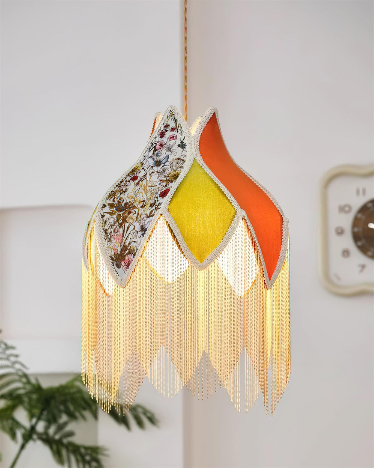 Pendant Lamp with Floral Petal Fabric Shade Fringe Bohemian-Neutral Decor