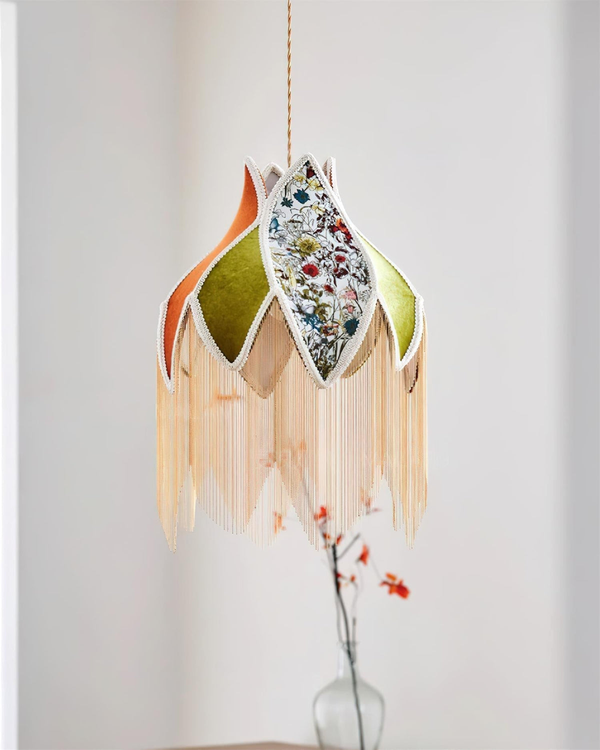 Pendant Lamp with Floral Petal Fabric Shade Fringe Bohemian-Neutral Decor