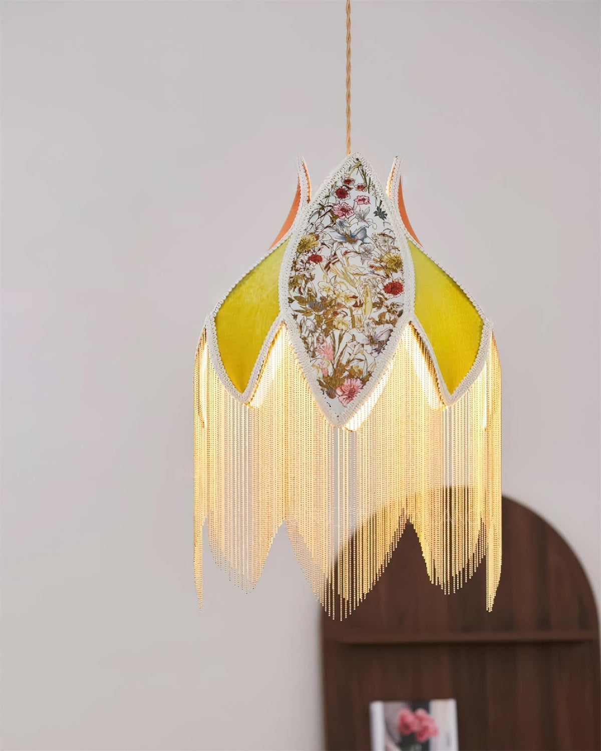 Pendant Lamp with Floral Petal Fabric Shade Fringe Bohemian-Neutral Decor