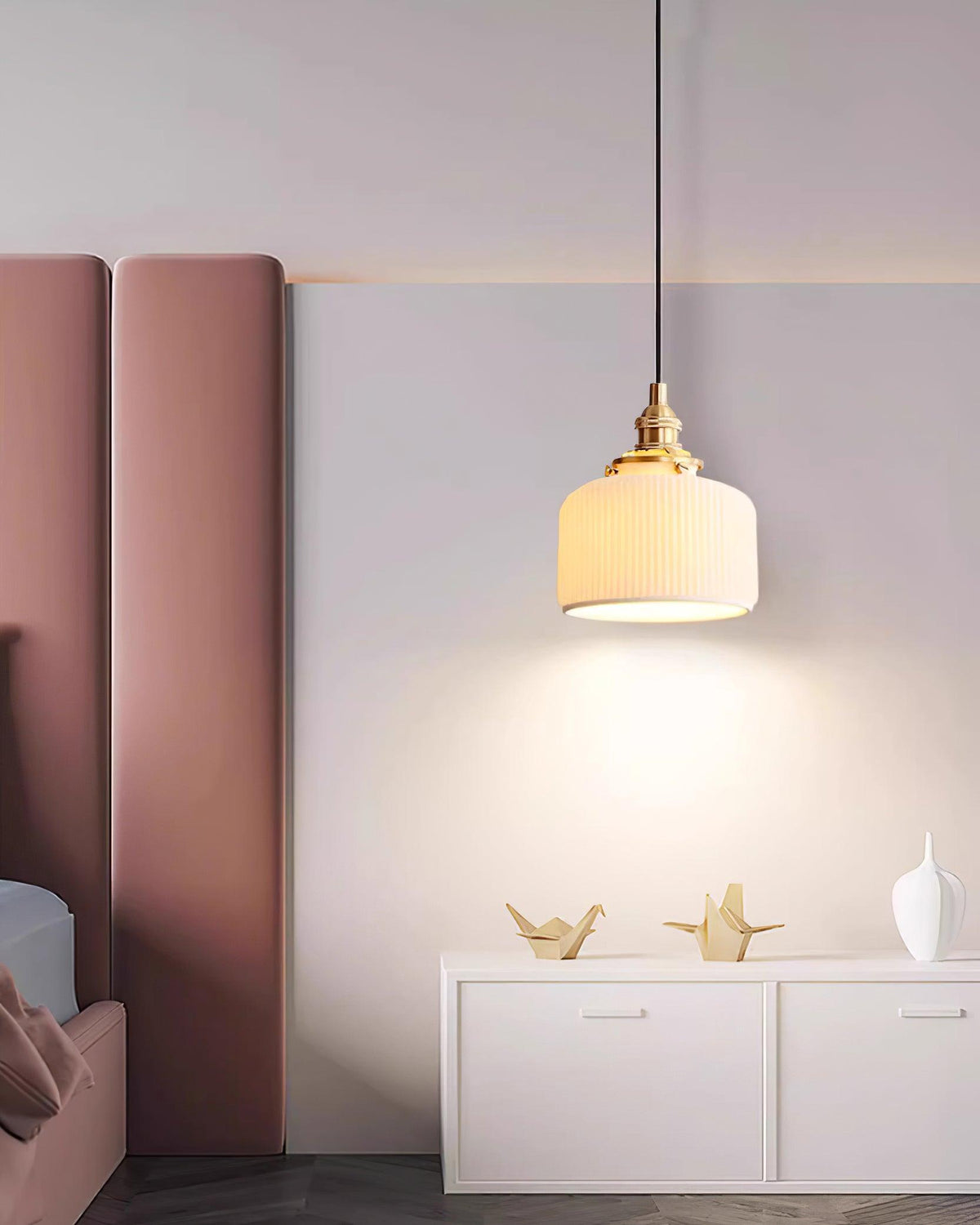 Pendant Lamp Ribbed Ceramic Shade-Neutral Decor