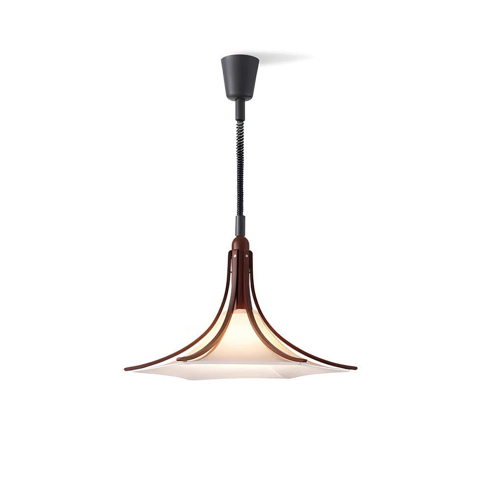 Domus Pendant Light with walnut wood arms and a white fabric shade.