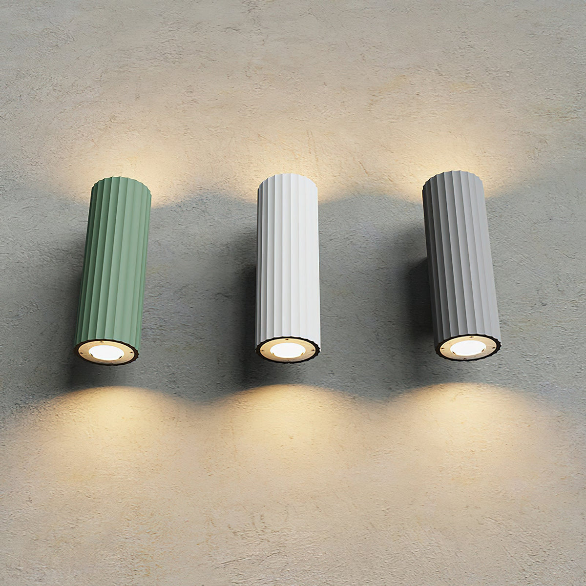 A pair of Dunbar Wall Lights in grey flanking a headboard.