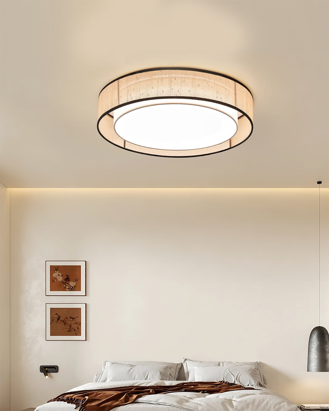 The Duolla Ceiling Light installed in a Japandi-style bedroom, providing warm light.