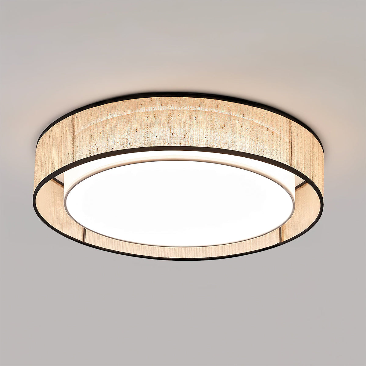 Close-up view of the Duolla Ceiling Light's woven jute and fabric texture.