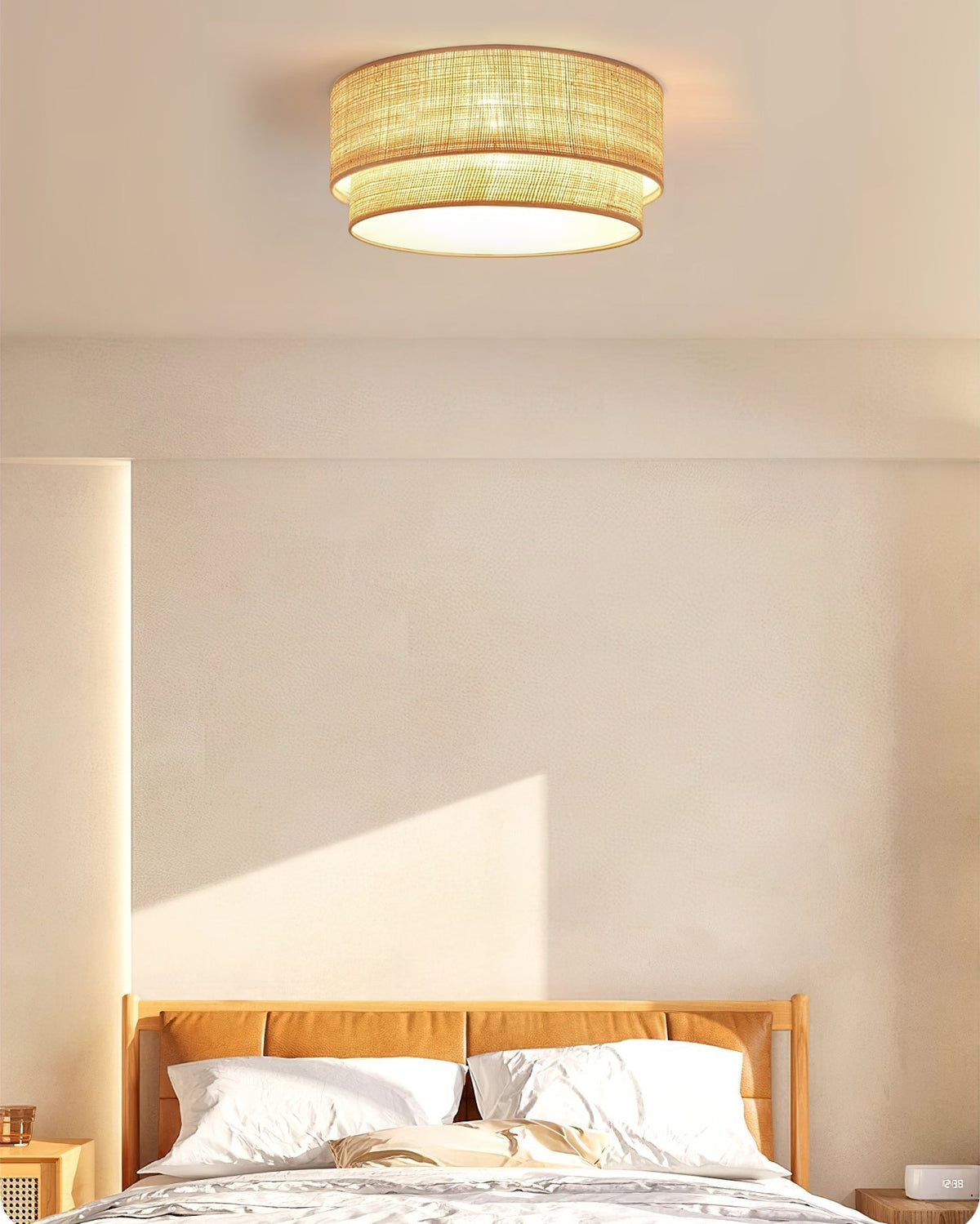 Emiko Ceiling Light installed in a cozy bedroom setting above a bed.