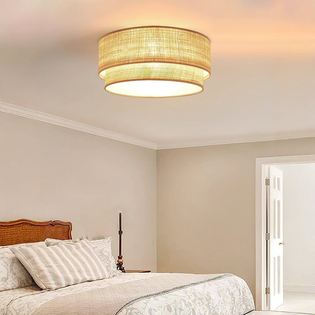 Close-up of the intricate raffia weave on the Emiko Ceiling Light shade.