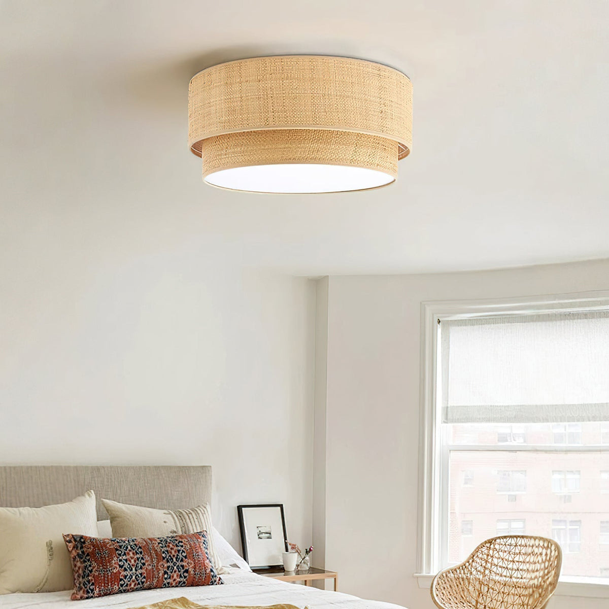 Angled view of the handwoven Emiko Ceiling Light.