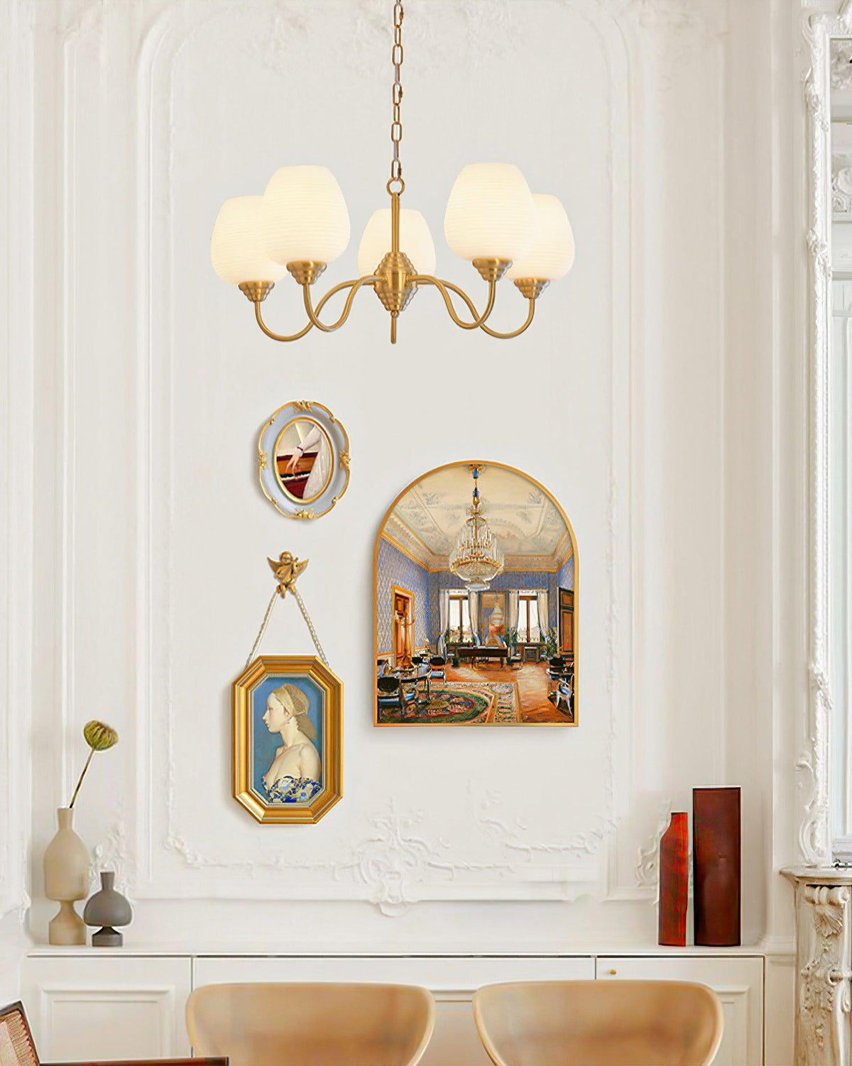 Grevessa Lustre Laiton Antique Verre Blanc