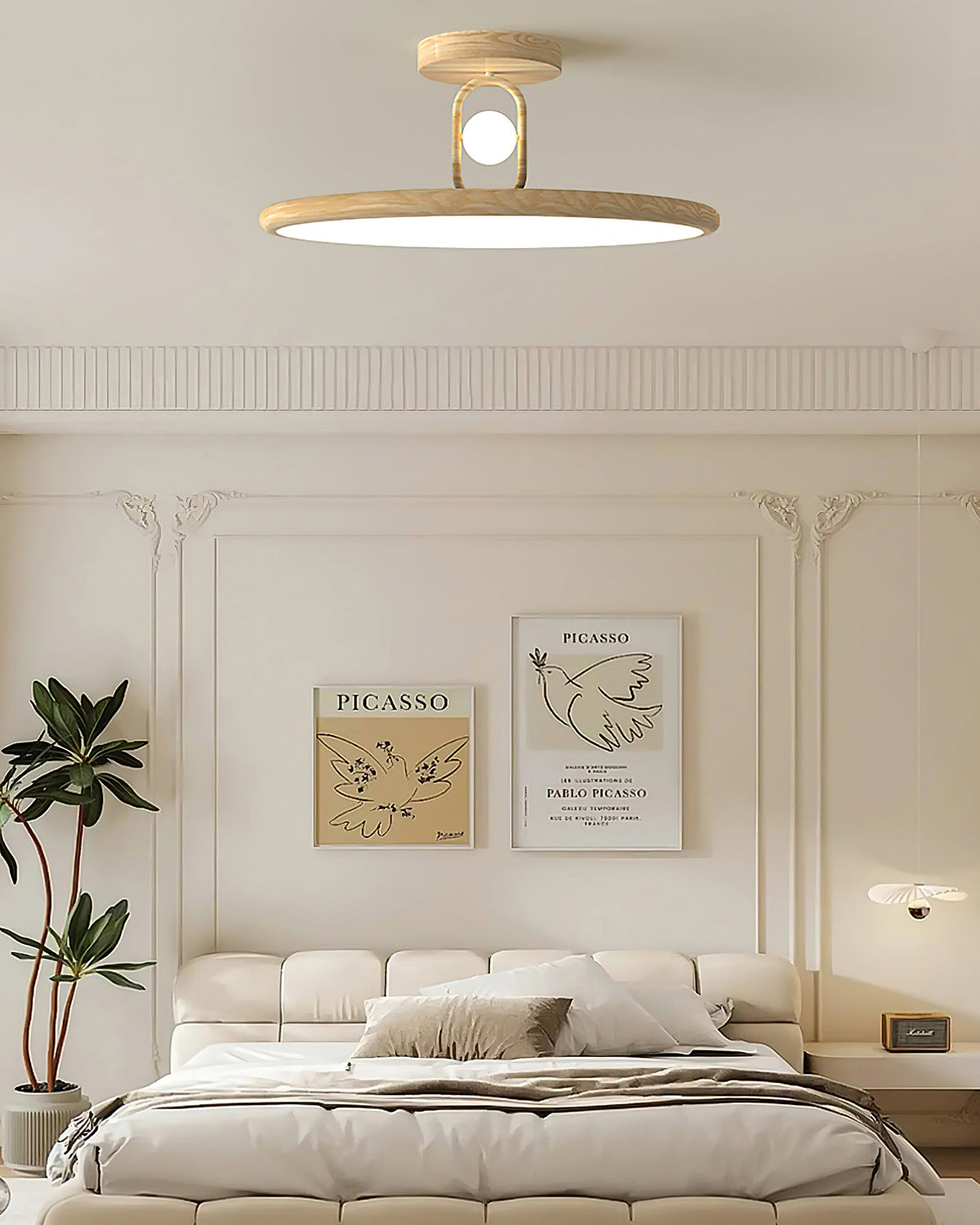 Angled view of the wood color ceiling lamp, highlighting its slim profile.