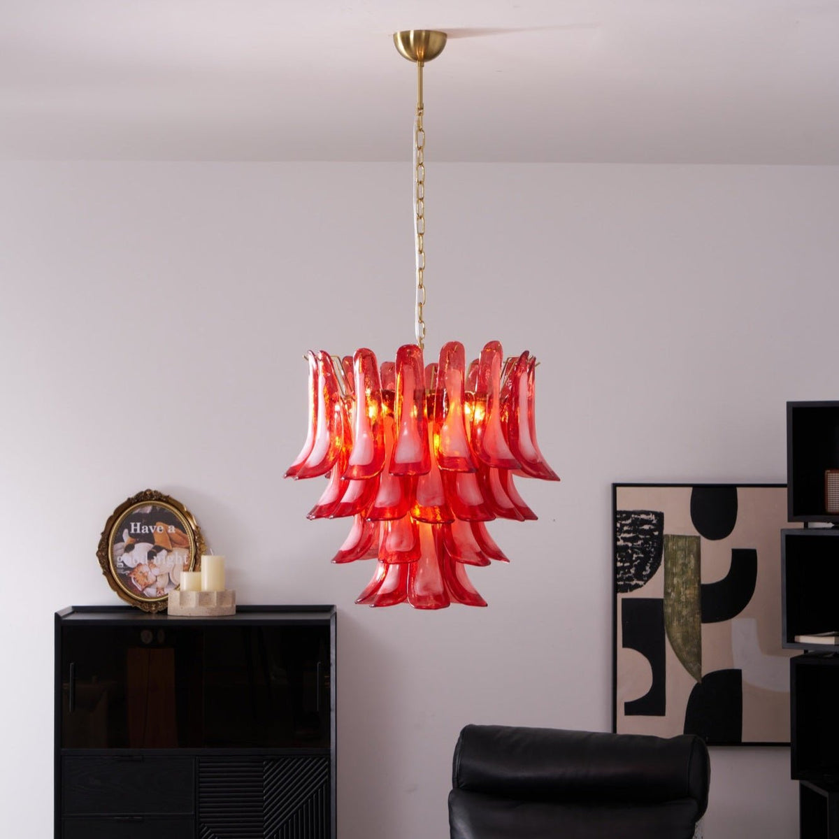 Coreva Lustre Rouge Pétale Verre Superposé Artistique